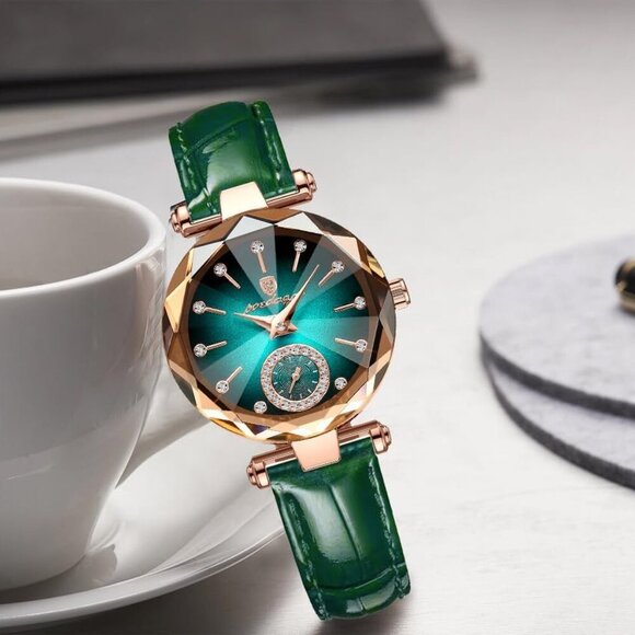 Chic Quartz Ladies Watch in Green Leather - Diamond Inlay & 30M Water Resistance - Picture 6 of 8